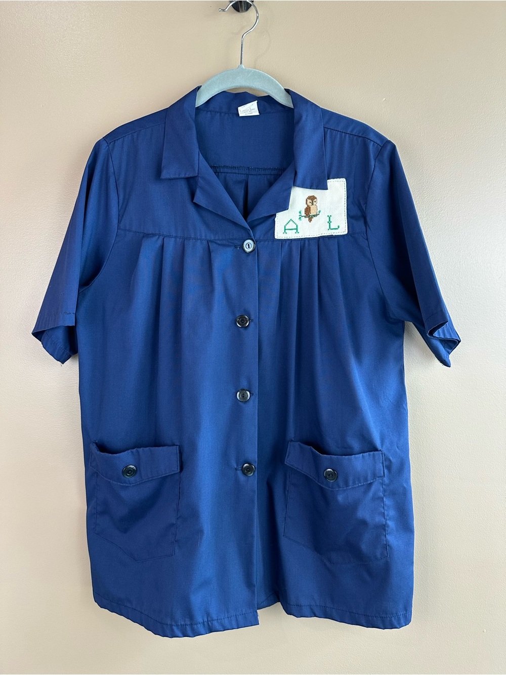 Vtg Retro Todd Uniform Blue Utility Smock Shirt M Embroidered Owl AL Monogram